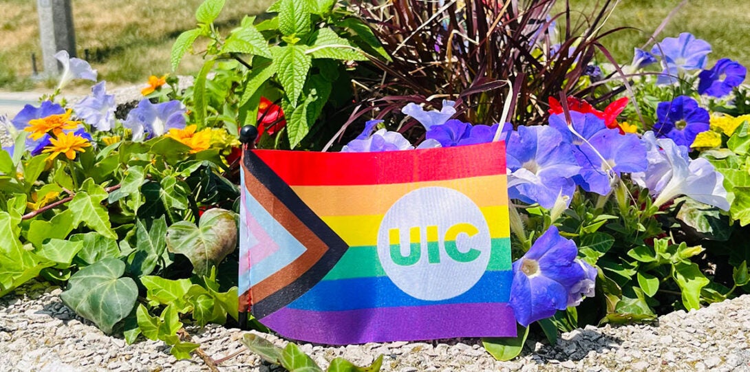 Progress flag on a bed of flowers on campus.
